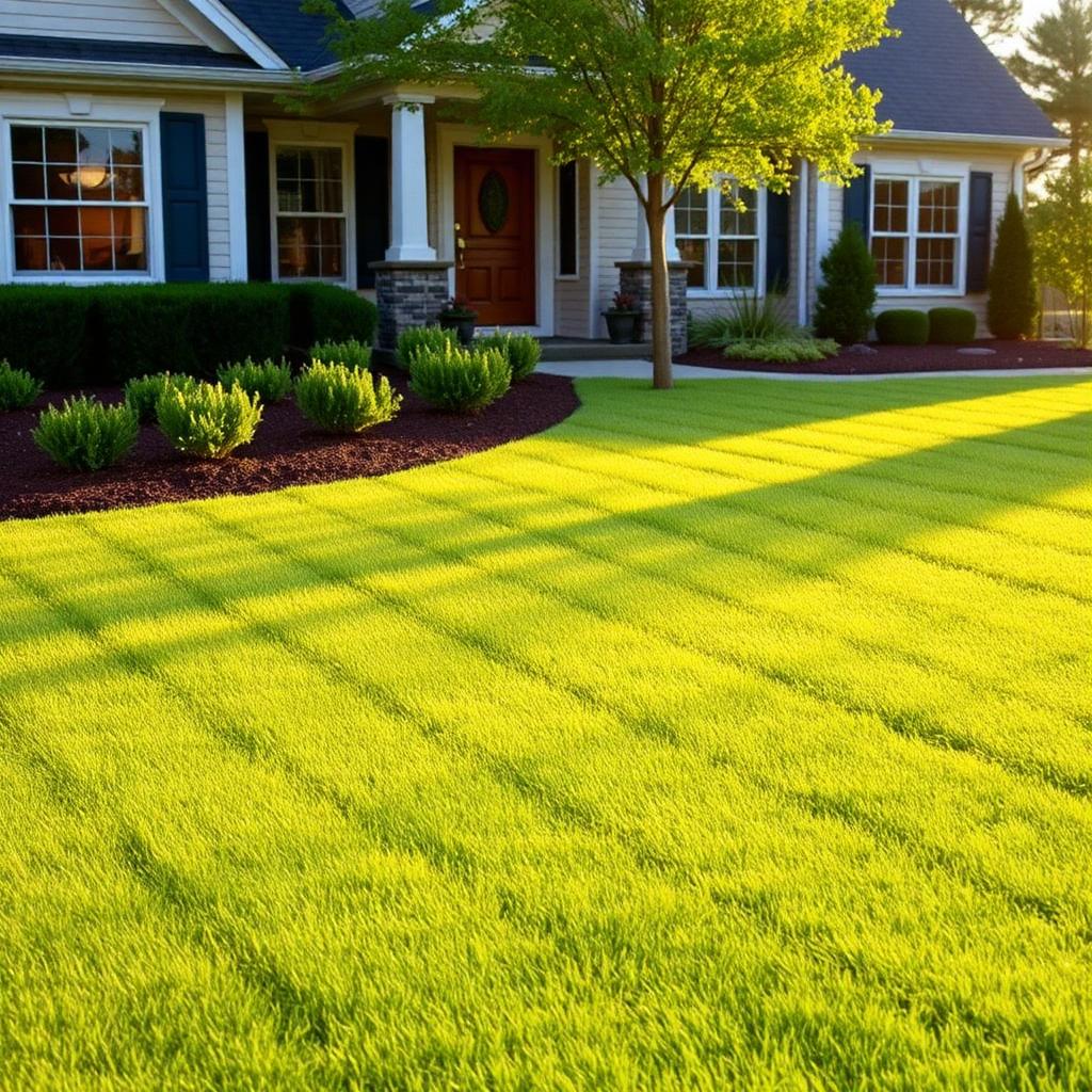 Freshly mowed striped lawn in front of suburban home