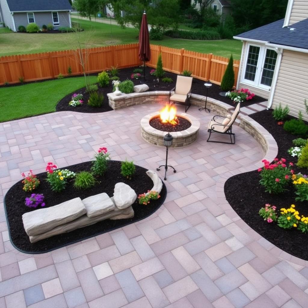 Custom paver patio with fire pit and landscaped beds