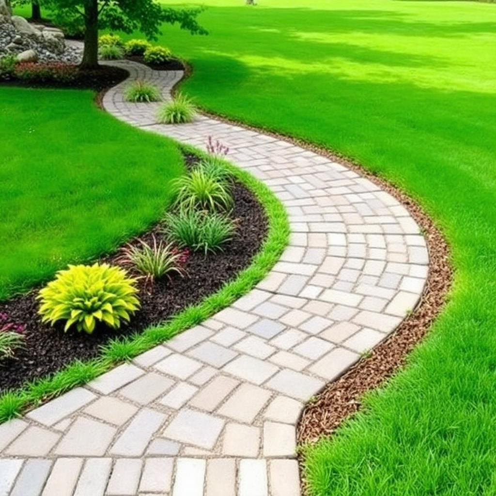 Curved paver walkway through a lush green lawn